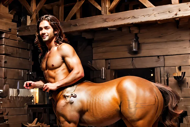 A cute male centaur, dashing hair and smile, bare chest