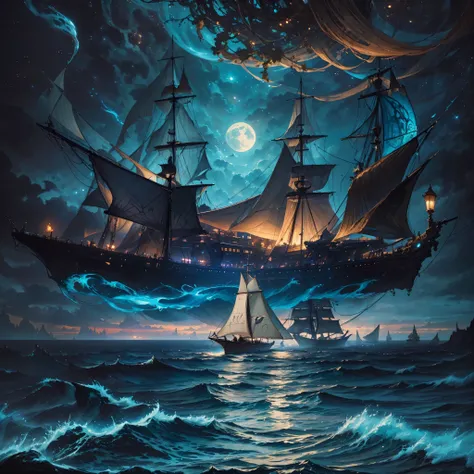 a painting of a ship sailing in the ocean at night, concept art inspired by gaston bussiere, Artstation contest winner, fantasy art, detailed cover artwork, peter mohrbacher and dan mumford, highly detailed cover art, detailed fantasy digital art, anton fa...