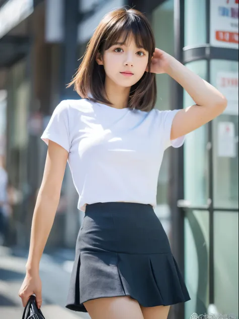 (8k, Top quality, Masterpiece:1.2), (Realistic, photo-realistic:1.37), Super detailed, perfect anatomy, cute, small eyes, 1, a Japanese, girl, mini skirt, slim legs,