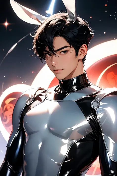 Japanese　　Handsome model　Fierce　　2　male　　smile　　　Black Hair　　Short cut　Short hair　　　looking at the camera　　　　　Shiny full-body silver suit　Mega Bulge　　Shiny silver latex suit　　looking at the camera　future world　 　　planets on the background　　　Upper body clos...