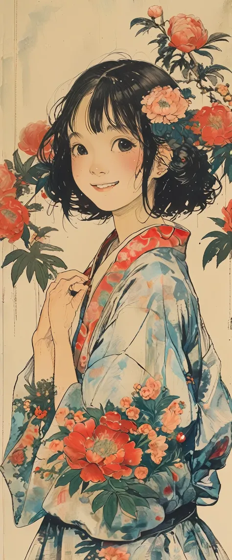 style of Kawanabe Kyosai, Asian、high school girl、Bobcut、Dress with woven flowers、Floral Background、smile、Upper Body、Face close-up