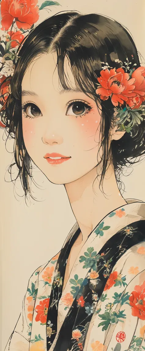 style of Kawanabe Kyosai, Asian、high school girl、Bobcut、Dress with woven flowers、Floral Background、smile、Upper Body、Face close-up