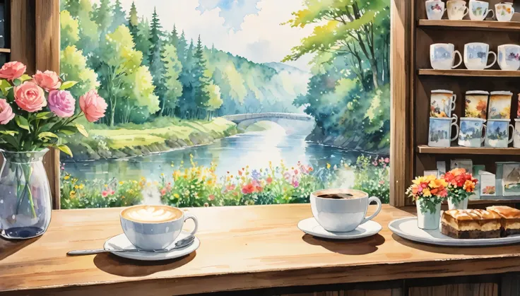 In the coffee shop, outside you can see the forest, the river, the watercolor painting, Ghibli, zoom in on the coffee cup, no people, there are flowers in the shop.