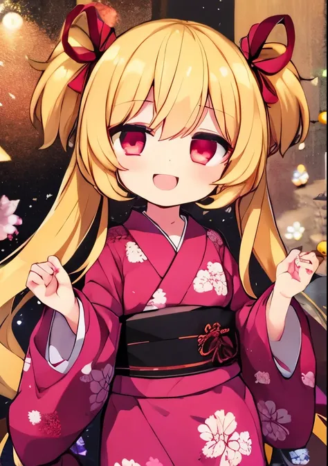 One girl, wearing a cute pink floral yukata, short yukata, cute face, big smile, strong eyes, many eyes, kind loving face, bright expression, blond hair in twin tails,, red ribbon, wearing red ribbon, moonlight in the night sky open hands, in focus Face, F...