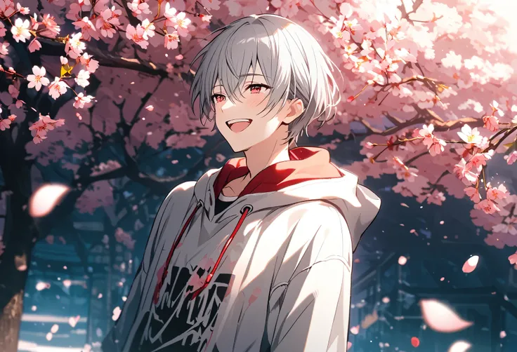 good looking, alone, 1 male, Gray Hair, Red eyes, shirt, Black and white hooded, noon, White Light,cute目,Short hairstyle,cute,Falling from the sky,綺麗なspringの空,a lot of cherry blossom,spring,flower,Glittering scenery,bright,looking at the camera,smile,laugh...