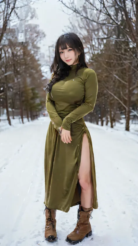 (Tabletop,high quality,16K:1.1),(Depth of written boundary:1.3) ,((Front body:1.35)),  Japanese ,Young girl,Standard height ,Khaki Long Sleeve Round Neck T-Shirt Maxi (((tight))) dress, Very large breasts bigger than her face, thick, Curvy,(View your viewe...