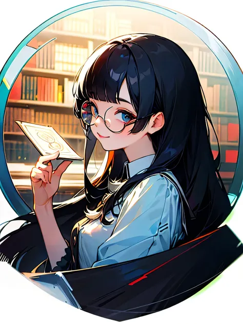 side view,(looking at viewer:1.2), Rem glasses, (very Short blunt bangs), smile, 20 years old,Beautiful Face,Upper Body,Long Black Hair,Geometric patterned library committee uniform,,Quiet space,Large glass,Signing letters on glass,