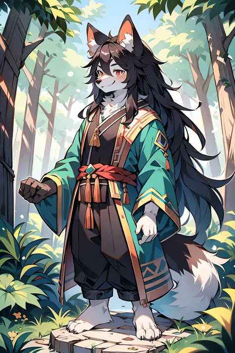 Male wolf height 180 cm，Blue-purple eyes, , Black long hair, end,  Show off your perfect figure，Red and black of clothes，Smile，Two little ears，Fair skin ，In the woods,of 