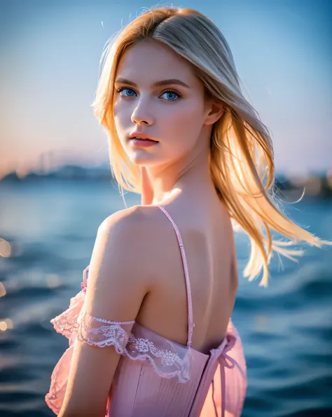 beautiful european girl with blue eyes and blonde hair, wearing a long pink dress, on a yacht in the sea, ultra high resolution,...