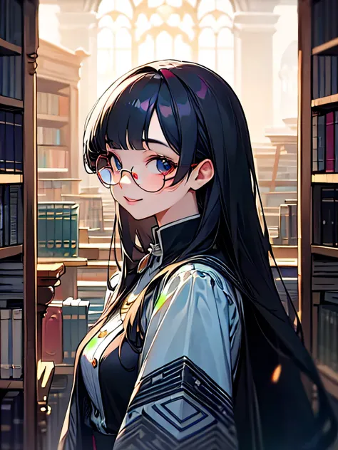 side view,(looking at viewer:1.2), Rem glasses, (very Short blunt bangs), smile, 20 years old,Beautiful Face,Upper Body,Long Black Hair,Geometric patterned library committee uniform,,Quiet space,Large glass,