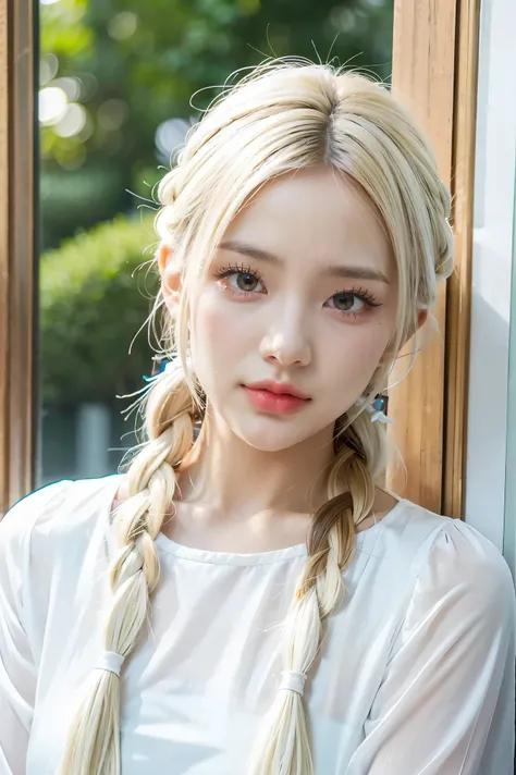 1 girl, best quality, Masterpiece,white hair, golden eyes,white clothes, search, upper body,hair,white skin,side braid