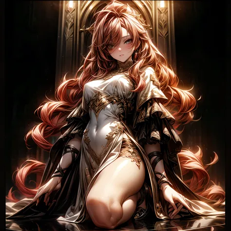 (best quality)), ((Masterpiece)), (details:1.4), 3d, HDR (high dynamic range), an image of a beautiful cyberpunk female, Medieval, Red hair, Long hair, Full body, Beautiful white eyes, จมูกโด่ง, ปากแดง, หน้าอกใหญ่, nvidia RTX, PBR surface, After processing...