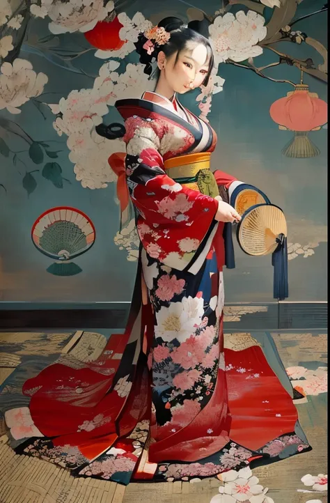 Painting of a woman in a kimono dress holding a fan, Inspired by Tosa Mitsunobu, inspired by Tsukioka Yoshitoshi, Jean Georges Vibert, inspired by Yoshitoshi Mori, Japonism, Inspired by Takanobu Kano, Inspired by Keisai Eisen, Orientalism with harsh exuber...