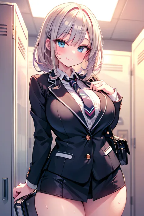 Anime illustration、High resolution、smile、A busty high school girl shows off her charms in a blazer in the locker room at dusk、Ribbon tie、now Wind、Perfect proportions、Cowboy Shot、Plump thighs、Sharp Eyes、Sweaty