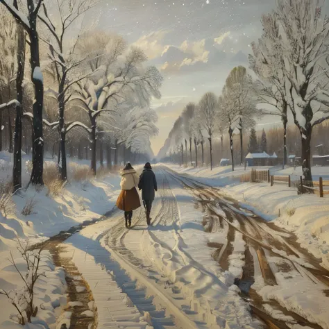 A picture of two people walking along a snowy dirt road, Charles＝Inspired by François Daubigny, リュシアン・Inspired by Pissarro, Inspired by Henri Alpiny, inspired By Camille Pissarro, Claude Bonin＝Inspired by Pissarro, By Camille Pissarro, Inspired by Max Lieb...