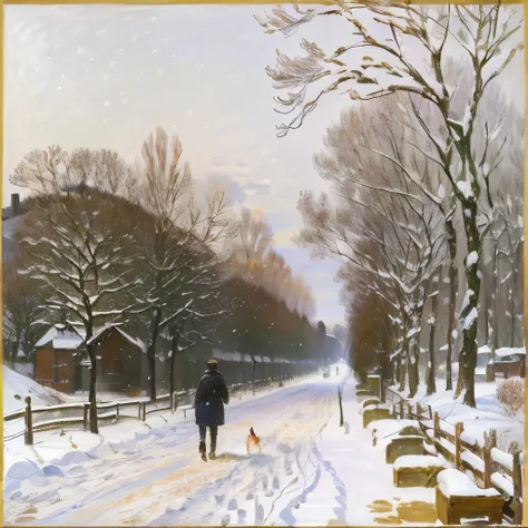 painting of a man walking down a snowy road with a dog, Alfred Sisley, winter painting, snow, Claude Monet), inspired Alfred Sisley, Monets paintings, Henri Harpigny, in the winter, By Camille Pissarro, (snow), winter scene, by Claude Monet, Claude Monet, ...