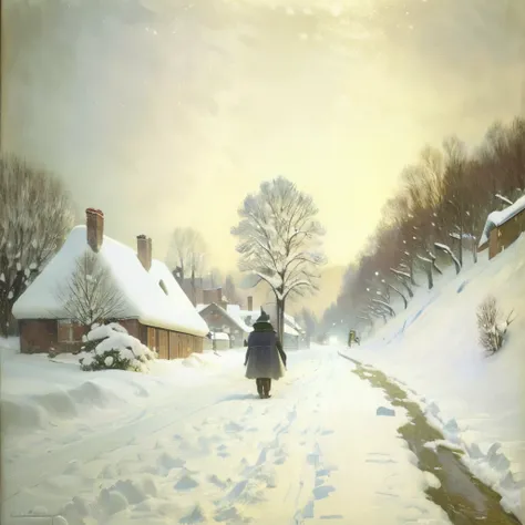 painting of a person walking down a snowy road in a village, snowy, Claude Monet, by Claude Monet, snow, Alfred Sisley, Claude Monet), Monets paintings, By Monet, Henri Harpigny, Painted by Monet, gustav, (snow), Charles Monet, winter, Placeholder image of...