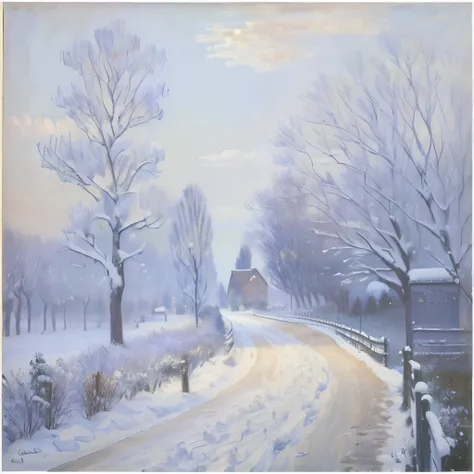 A painting of a snowy road with a gate in the distance, Gustave Loiseau, Claude Monet), Charles Monet, Claude Monet, by Claude Monet, Blanche Ochedet Monet, Inspired by Alfred Sisley, Monet&#39;s Style, style of Claude Monet, Monets paintings, By Monet, In...