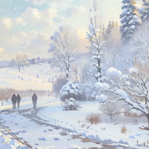 painting of two people walking in the snow in a park, Claude Monet, by Claude Monet, Claude Monet), Monets paintings, By Monet, snow, (snow), Winter painting, Inspired by Edouard Detail, Charles Monet, snow landscape, snowy, Winter Scenery, Monet&#39;s Sty...