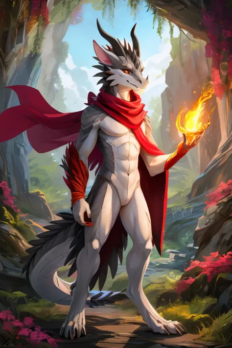 (anime), (front facing), (looking at the camera), slim furry white and gray dragon using old magic, white main body color, (red, orange, yellow and magenta undertones), smooth skin, very long muzzle, neck and tail fur, digitigrade, creative horns, feathers...