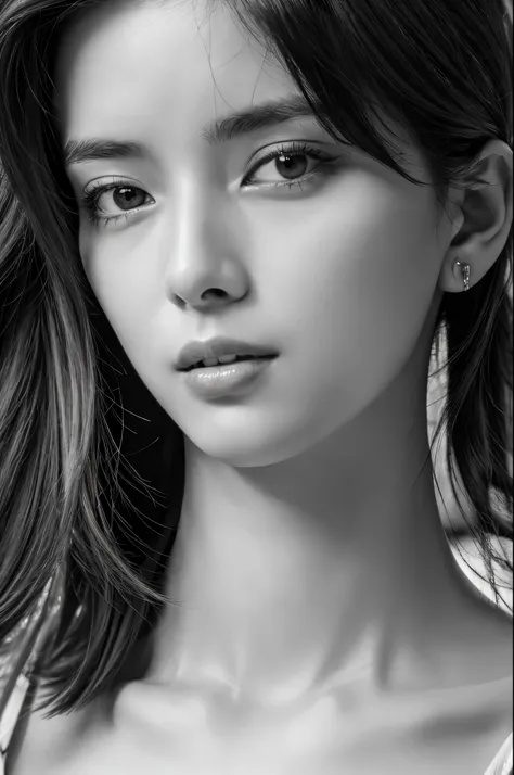 Masterpiece, Best Quality, Photorealsitic, Ultra-detailed, finely detail, high resolution, 8k wallpaper, Professional, high level of detail, ((monochrome photo)), 1girl in, ((Facing the front)), ((Only lips are in Red)), Detailed clavicle, face perfect, st...