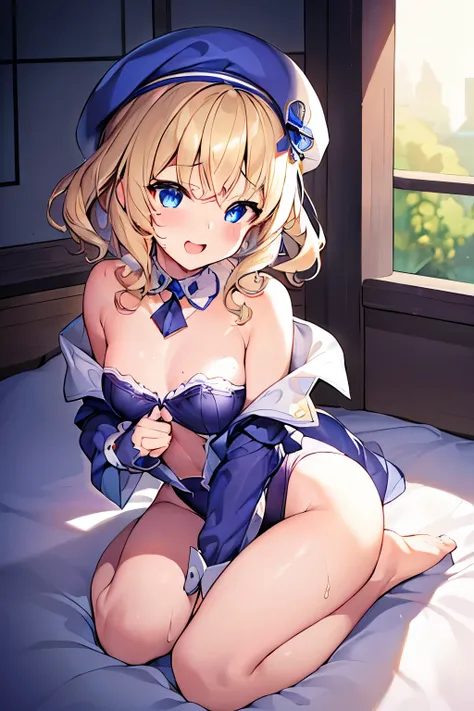 (4K、masterpiece、Highest quality、high resolution、Detailed light、Detailed Shadows、Detailed Design)、1 girl、Blonde、Short hair that is not too long、Fluffy curly hair、Blue and black clothes、beret、(Aggressive design)、((Modest chest、Small breasts))、leotard、barefoo...