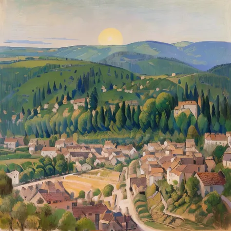 painting of a village with a hillside in the background, above a village, large landscape with village, Light of the sun, village, Gustave Loiseau, distant villagescape, Gerard Ernest Schneider, Oil on canvas (1921)”, By Maximillian Roos, 1 9 2 7 Oil on ca...