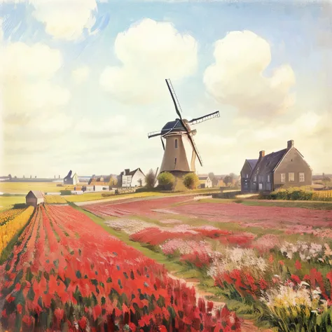 A picture of a windmill in a field、There is a house in the background, Claude Monet, by Claude Monet, Charles Monet, By Monet, Claude Monet), Painted by Monet, Landscape of the Netherlands, Beautiful Landscape, Monet&#39;s Style, Monets paintings, Impressi...