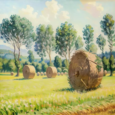 a painting of Nice bales in a field with trees in the background, by Claude Monet, Claude Monet, By Monet, Claude Monet), Nice, Impressionist paintings, field of Nice, Claude Bonin Pissarro, Charles Monet, French Impressionism, straw, Neo-Impressionism, oi...