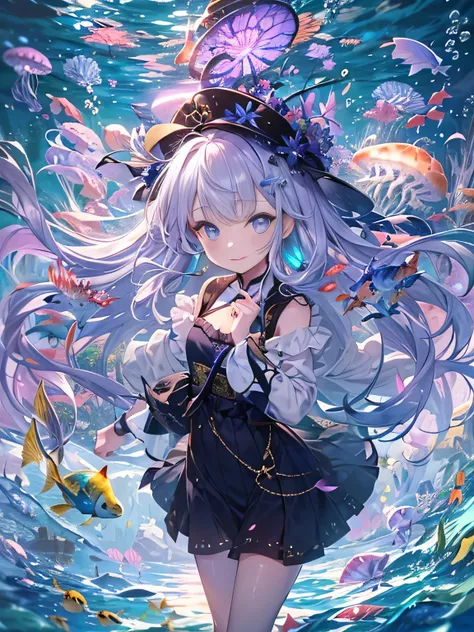 (((masterpiece)))、(((Top quality)))、((Ultra Detailed))、(Implications)、((Extremely refined))、、A bright smile、floating、Lilac hair、(Detailed lighting) (1 Girl)、、独奏、Long hair、The wind is blowing、One World、（Lovely eyes）、Complex background、underwater fantasy wor...