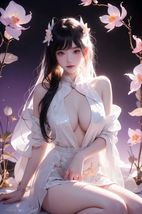 yingtze（quality improvement：1.4），1girl, Visible cleavage，Sexy long legs，The skirt is short，She gently lifted her skirt with one hand,Surrounded by white Phalaenopsis orchids，Lilac dendrobium、White Lily, Flying petals，（Top quality leather), Delicate face,Bl...