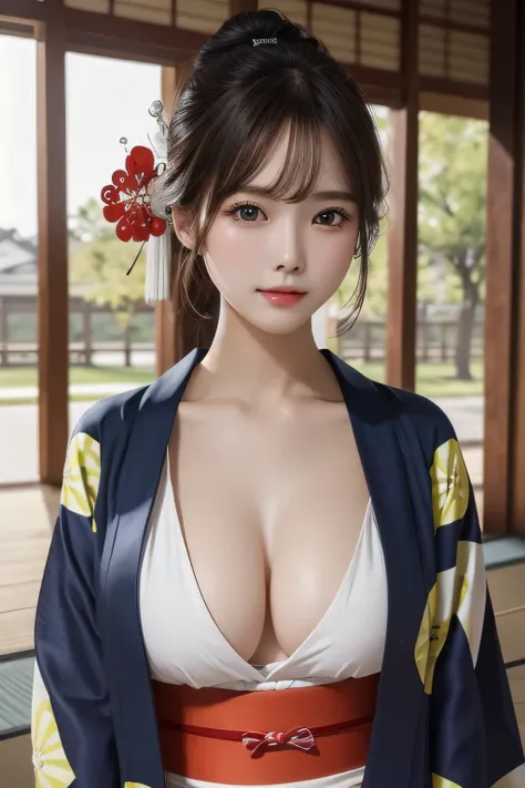 One Girl, 1 person,Highest quality,High resolution,超High resolution,8k,Realistic,Upper Body,encounter_audience,Large Breasts, the body is slim,(Kimono 1.2)