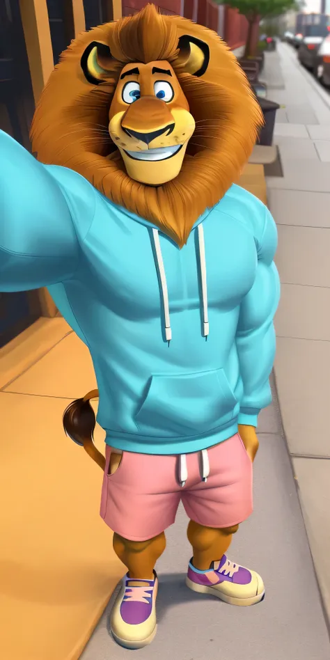 Alex the Lion, muscular body, big biceps, extremely beautiful and cute face, perfectly detailed blue eyes with perfectly detailed pupils, wears cyan sweatshirt, pink cargo shorts, blue sneakers, streets background, selfie, friendly look, smile