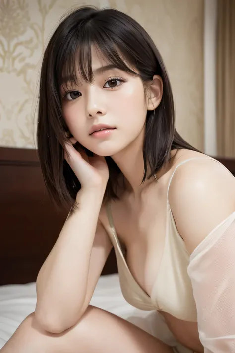 (8k, RAW Photos, Highest quality, masterpiece: 1.4), (Realistic, photoRealistic: 1.4), Soft Light, Beautiful gradation, whole body、Knee Shot, 1 person, Japan, young woman, cute, (pupil, Light in your eyes), Beautiful face in every detail, Beautiful bob hai...