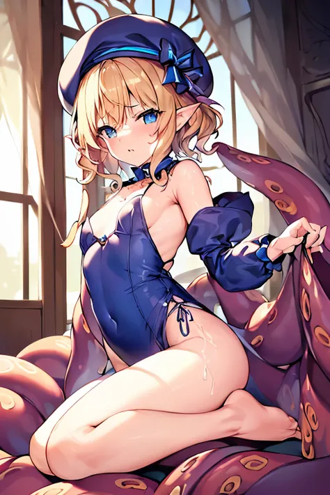 (4K、masterpiece、Highest quality、high resolution、Detailed light、Detailed Shadows、Detailed Design)、1 girl、Blonde、Short hair that is not too long、Fluffy curly hair、Blue and black clothes、beret、(Aggressive design)、((Modest chest、Small breasts))、Lace design leo...