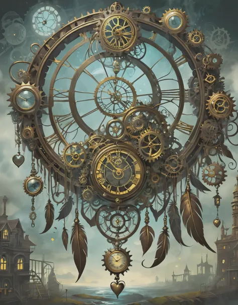 ```
"Steampunk Dreamcatcher, Haunted Clockwork Factory, Whirring Gears, Flickering Lanterns, Cogwheel Creatures, Ghostly Apparitions, Ethereal Mist, Forgotten Inventions, and a Mysterious Timekeeper with a Pocket Watch Heart"
```