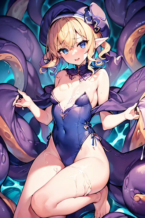 (4K、masterpiece、Highest quality、high resolution、Detailed light、Detailed Shadows、Detailed Design)、1 girl、Blonde、Short hair that is not too long、Fluffy curly hair、Blue and black clothes、beret、(Aggressive design)、((Modest chest、Small breasts))、Lace design leo...