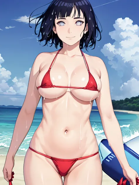 (hinata(boruto), (high quality:1.8), upper body:1.5, (curvy body:1.5), (detailed wet:1.4), (wave riding:1.5), (ultra detailed body:1.4), (one ARM UP:1.4), (beach:1.7), (anime, tall woman, cowboy shot, (defined biceps arms:1.2), ((red thong, bare arms, bare...