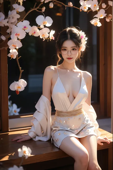 Kurikara-Tendo（quality improvement：1.4），1girl, Visible cleavage，Sexy long legs，The skirt is short，She gently lifted her skirt with one hand,Surrounded by white Phalaenopsis orchids，Lilac dendrobium、White Lily, Flying petals，（Top quality leather), Delicate ...