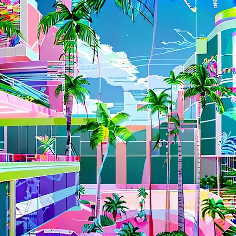 Cartoon style illustration of a beach landscape with a phone and plants, 8 0ies aesthetics, 80s aesthetic, Vaporwave Wallpaper Environment, The aesthetics of Vaporwave Mall, 80s art decor, 1980s aesthetic, 1 9 8 0 s aesthetics, maximalist vaporwave, maxima...