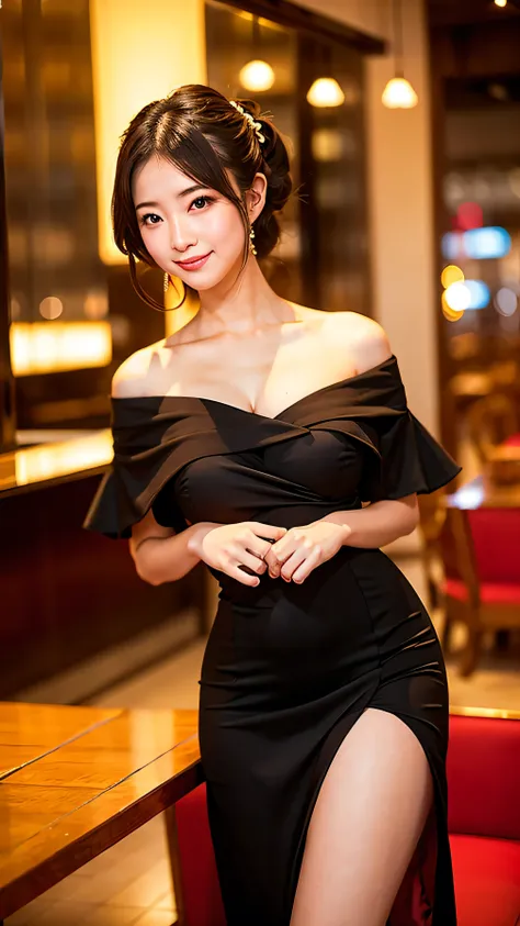 (highest quality), japanese　woman　age 20　off-the-shoulder dress　gorgeous dress　big breasts　beautiful feet　indoor　cabaret club　bl...