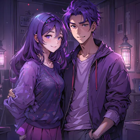 Imagine a MBTI logician、A man and a woman in purple casual clothes smiling shyly。Create a mysterious atmosphere。