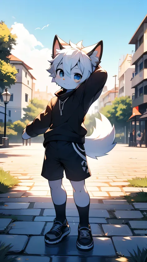 （best quality, Extremely detailed），boy，Furry wolf，((big eyes，Blue，Watery))，((shota)), Black and white hair, Good figure, Handsome，cute, Light：Ultimate Light, Anti-Light Skin,Reddish skin，The ultimate face，She shyly greets the audience while leaning sideway...