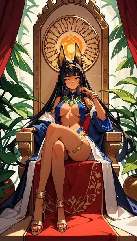 score_9,score_8_up,score_7_up, source_furry,（（（whole body））），狼furry，（teenagerfurry）， Anubis，Sitting on the grand throne。，His beautiful obsidian skin gleams in the sun。His legs were casually crossed, revealing a huge sole。He looked down at you in amusement.