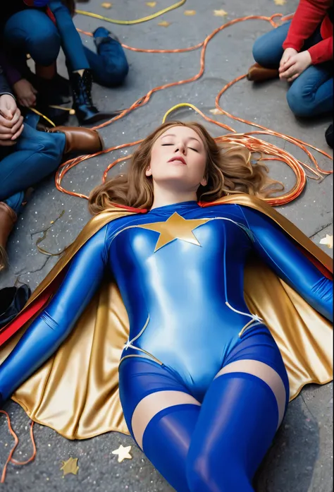 Superheroine with light brown hair wearing a blue leotard with gold stars on it, pantihose, tall hip boots and a cape and is lying on her back with her eyes closed, she’s unconscious. She’s bound, covered and surrounded with different color strands of sill...