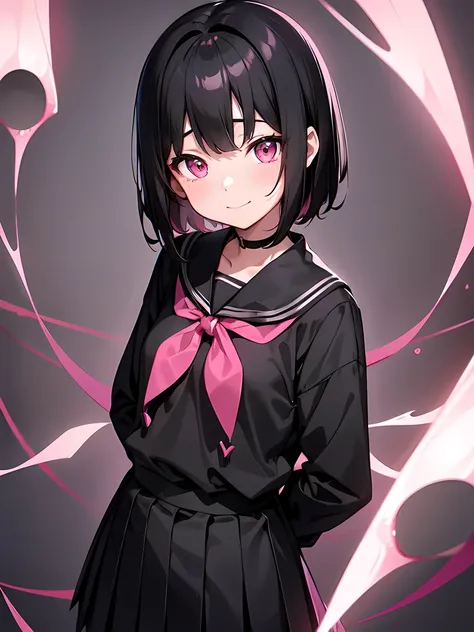 Short black hair、（Glowing pink eyes、Black blouse、school uniform:1.3）、Early teens、Mouth closed、smile、Short stature:1.2、Small breasts、Anime Style、Carnivorous plants:1.1