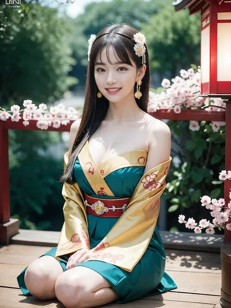 A girl , idol, detailed shrine maiden clothes, Full body shot, turquoise blue and gold shrine maiden clothes, Luxury shrine maiden clothes with detailed embroidery, bare shoulders, long hair, wearing transparent , best quality, (hair ornament:1.35), jewelr...