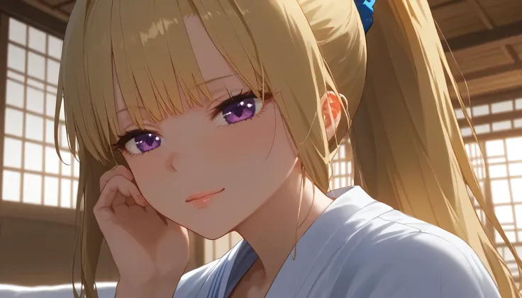 masterpiece, looking at viewers, 4K, 8K, wallpaper, anime style, Kei karuizawa, blonde hair, violet eyes, blue scrunchie, ponytail, bangs, blut bangs, shiny skin, A serene image of a girl in a yukata, sitting on the veranda of a traditional Japanese house,...