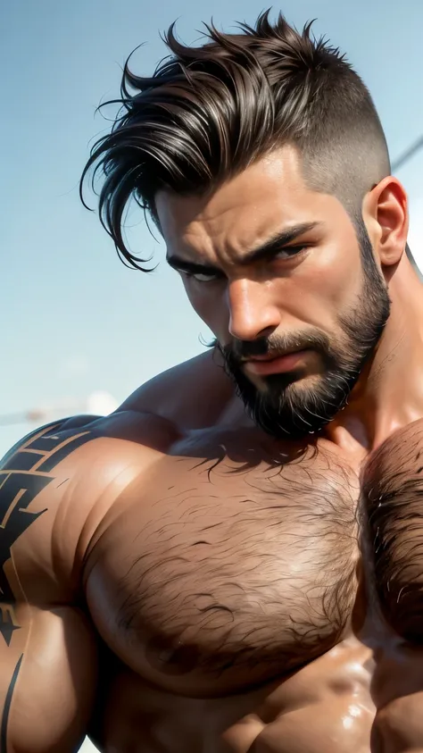 Head to thights body photo, from front view, masterpiece, best quality, high resolution, closeup portrait, male focus, solo focus, muscular, burly, hairy, male, A handsome man with full beard, spiky hairstyle (big bulge:1.2), sunny day, blurred background,...