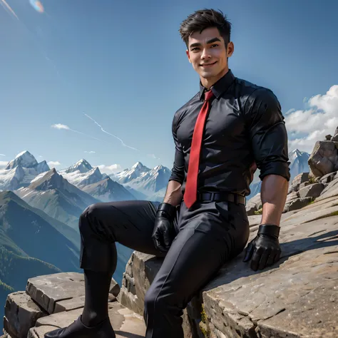 Age 27,One Man,、Handsome。Black Shirt、Red tie、Black gloves、Dhaka - Fighters、Mountaintop cliff、sit on a rock　,,logic, ,Very short hair、　,Asian Face,、　Handsome　smile　Black socks　Seen from below